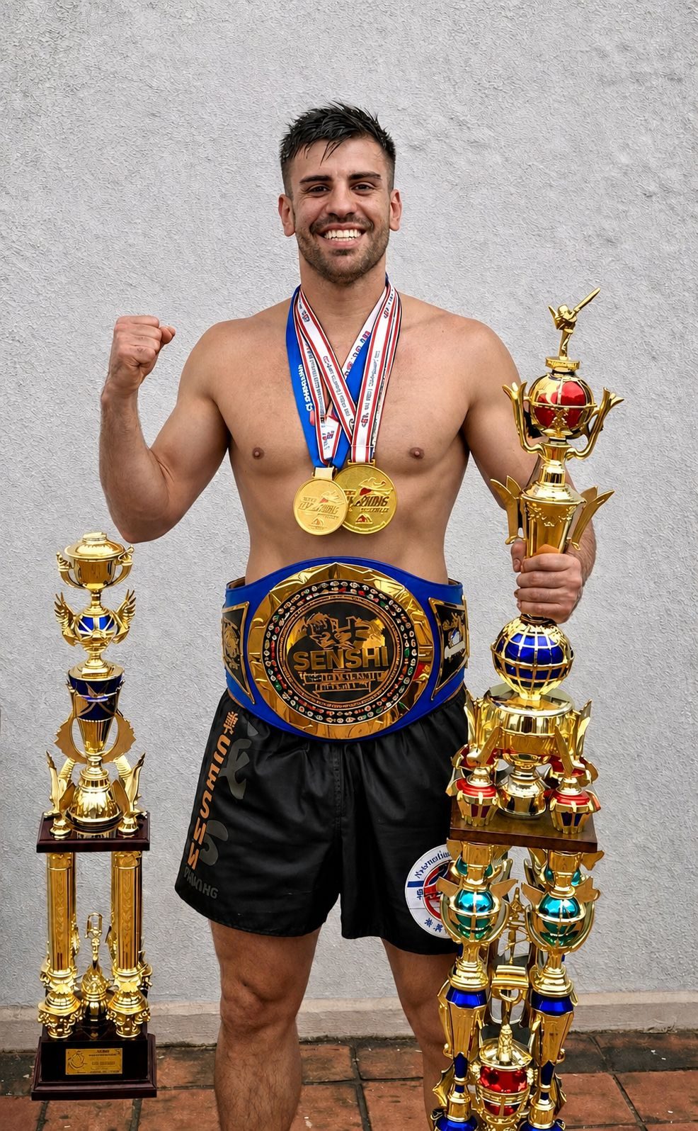 Ricardo Luckei, atleta da Senshi RS, com cinturão e troféus de campeonato